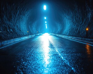 Dark tunnel road illuminated by blue lights