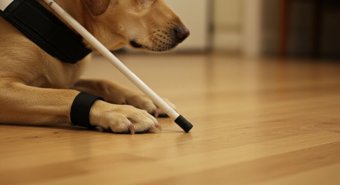 Guide dog using a white cane indoors