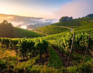 Fototapeta premium Vineyard landscape at sunrise with rolling hills
