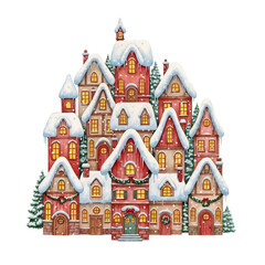 Watercolor clipart of holiday houses. Pink and red festive tones with decorated Christmas trees