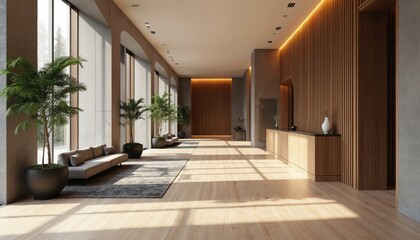 Interior view shows a modern lobby. Natural light floods space. Wooden walls and floor create warm inviting atmosphere. Green plants add touch of nature. Design, architecture concept.