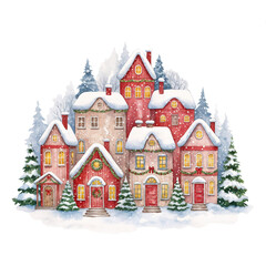 Festive winter village illustration in watercolor. Christmas houses and trees in clipart style