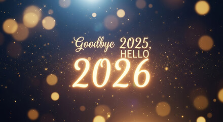 Goodbye twenty twenty five hello twenty twenty six golden text with bokeh lights and stars