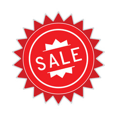 Red 'Sale' promotional vector badge, decorative sunburst label, modern round sticker, creative marketing design, empty template graphic illustration.