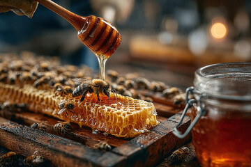 Buzzing bees surround beekeeper in moment of calm control and trust