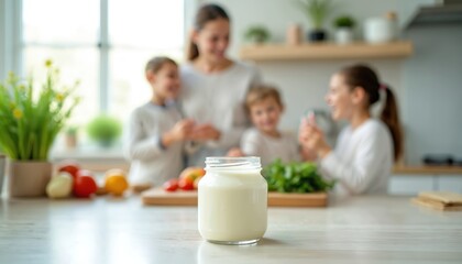 Glass jar of natural yogurt on kitchen counter. Happy mother with three children in background prepare healthy food ingredients. Family cooking together in bright modern home kitchen. Kids help mom
