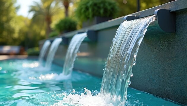 Modern water feature with multiple waterfalls pours fresh aqua into blue pool. Clear stream drops create bright splashes, ripples on water surface. Rich green plants, palm trees blur background. - Powered by Adobe