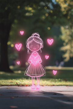 Cute Pink Glowing Girl Drawing Surrounded by Hearts in a Park Scene