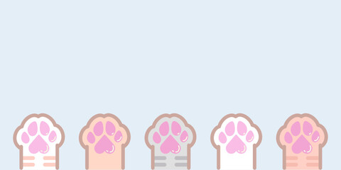 Cat paw different colors tabby vector background. Kitten footprint logo, icon, banner in pastel colors. Kawaii cute doodle vector illustration isolated on blue background.
