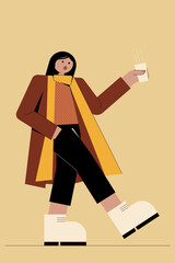 Woman walking in a coat with scarf holding hot coffee cup. Vector autumn, fall illustration in yellow, orange, brown colors. 