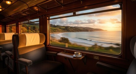 Scenic Train Journey Along the Coastline at Sunrise