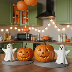 Obraz premium Festive Halloween Scene with Jack O Lanterns and Ghost Figurines in a Cozy Kitchen