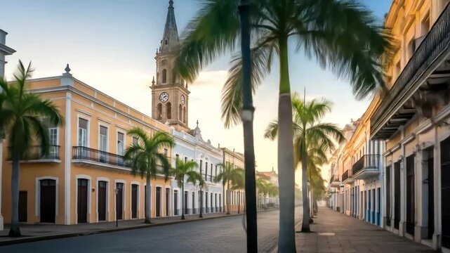 Charming Merida Yucatan Mexico street view with historic architecture at sunrise