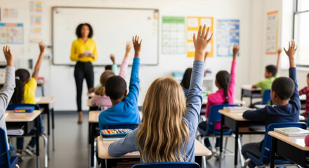 Enthusiastic students raise hands during engaging lesson with teacher in diverse elementary classroom