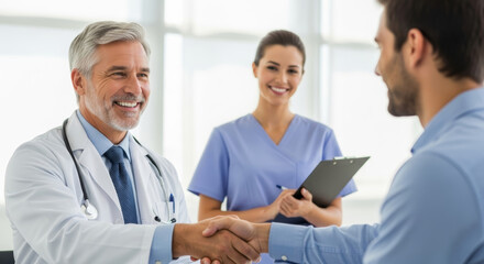 Friendly doctor shaking hands with patient, nurse smiling in background for trust and care in modern clinic