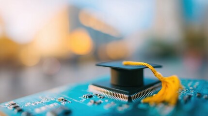 Graduation cap on a microchip at sunset in a bustling city