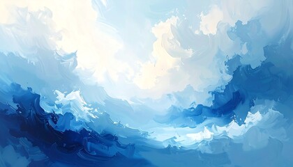 A dynamic abstract artwork displays a sweeping vista of blue and white, layered in textured brushstrokes, evoking a sense of vastness and serenity.