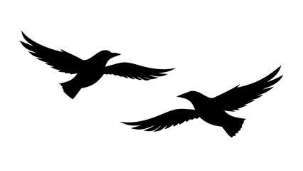 Obraz premium Two black birds flying in the sky with their wings spread out against a white background silhouette style