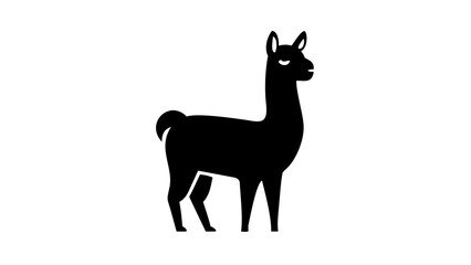Silhouette of a llama standing upright with a long neck and small tail in black color on white background