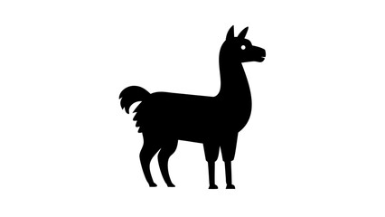 Silhouette of a llama standing with a fluffy tail and long neck in a simple black and white drawing