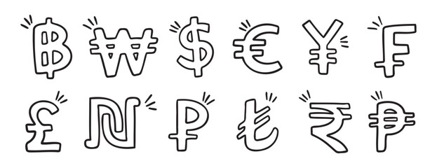currency hand drawn doodle symbol set. Outline drawing different currency stroke line clipart symbol collection