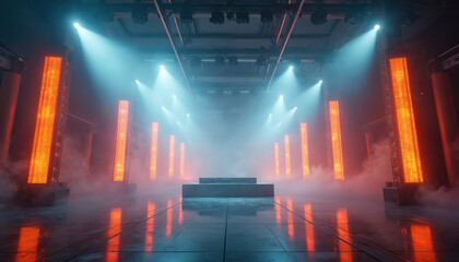 Obraz premium Illuminated stage awaits performers in bright spotlight. Scene is ready for show with fog. Light reflects on floor. Stage design for event or concert is modern and artistic.