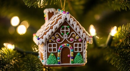 Gingerbread house ornament hanging on a Christmas tree. Sweet holiday decoration and festive season concept for greeting card.