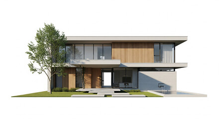 Fototapeta premium Modern Two-Story Family House with Wood Accents and Tree on Isolated transparent background