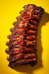 Grilled delicious barbecue ribs with crispy crust close up detail against vibrant yellow background.
