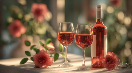 Two glasses of red rose with a half empty non-descriptive bottle of rosé wine sitting on an elegant table with roses in the background. Room for copy.
