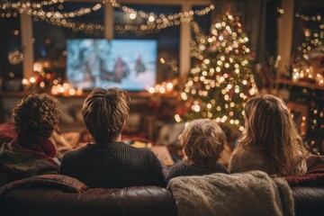 Family sits on a couch in their living room and watches the television near a decorated Christmas tree.