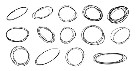 Hand Drawn Sketch Circles and Ovals Rough Brush Doodle Design Elements Set