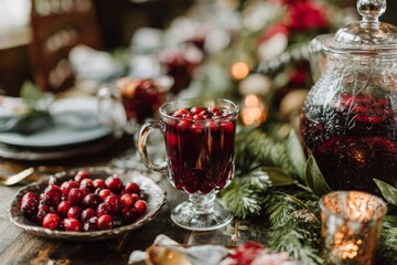 A holiday punch is presented in glass with cranberries.