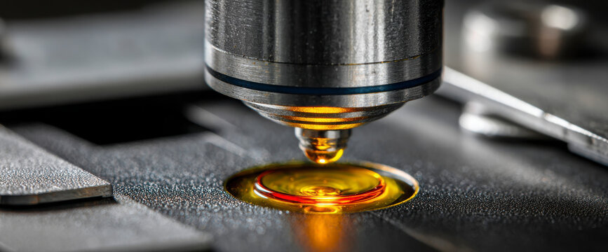 Microscopic examination of industrial material with glowing hot surface