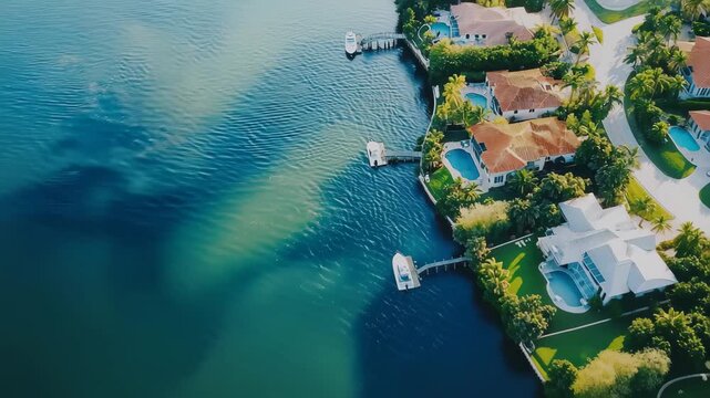 Aerial view of waterfront homes in the Florida Keys featuring boats and lush landscapes, 5k aerial video waterfront homes in The Florida Keys