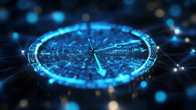Digital clock overlay with data processing elements on a connected network of nodes in a futuristic setting, clock and data processing over network of connections - Powered by Adobe