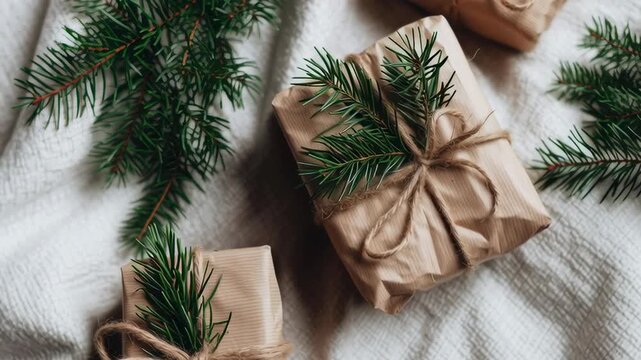 Three brown boxes with green leaves on them. The boxes are wrapped in brown paper and have strings tied to them. Concept of warmth and festivity, as the boxes are likely gifts for the holiday season