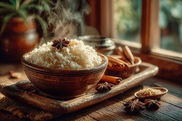 Rustic bowl of steaming jasmine rice aromatic spices high resolution photo