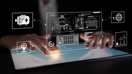 Smart interface showing electric vehicle performance, battery system, power control, charging status, and integration with renewable and grid-based energy sources Latch