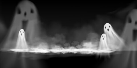 Spooky ghost scene with mist and floating spirits on dark background. Ideal for Halloween banners, eerie wallpapers, fantasy party invitations, or surreal haunted house visual effects