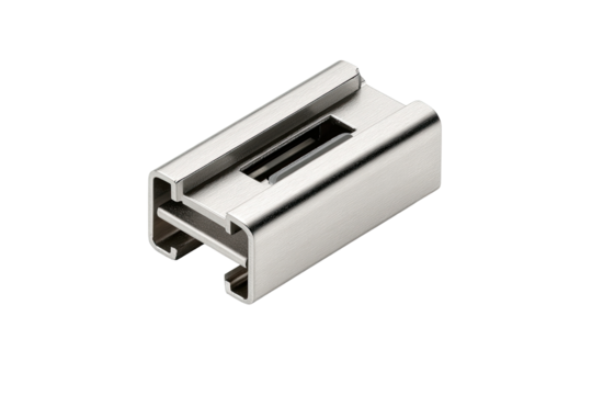 Close-up of a metallic rectangular mounting bracket.  The bracket is made of a polished, light gray metal and has a slot or channel for fitting another component.