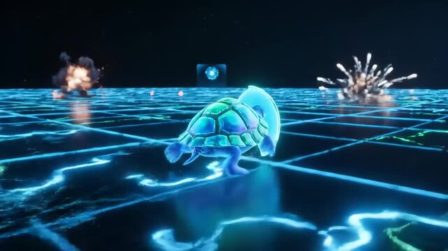 Animated Turtle in Digital World: An animated turtle navigates a futuristic digital landscape. Showcasing the fusion of nature and technology in a visually captivating scene.