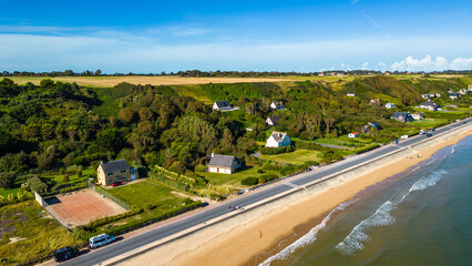 Aerial view of Omaha Beach in Normandy, France, with Flower Camping Omaha Beach nearby, historic...