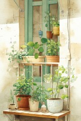 Watercolor illustration of a vibrant indoor garden with various potted plants arranged on a wooden shelf beside a window, showcasing a serene and lush atmosphere