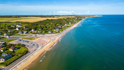 Aerial view of Omaha Beach in Normandy, France, with Flower Camping Omaha Beach nearby, historic...