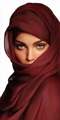 A hyper-realistic portrait of a beautiful Muslim woman in a dark red hijab, with a soft, artistic style