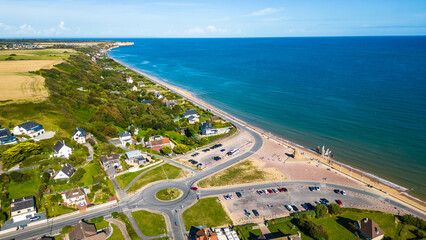 Aerial view of Omaha Beach in Normandy, France, with Flower Camping Omaha Beach nearby, historic...
