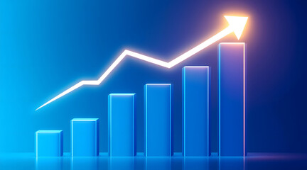 Rising blue bar chart with upward trending arrow