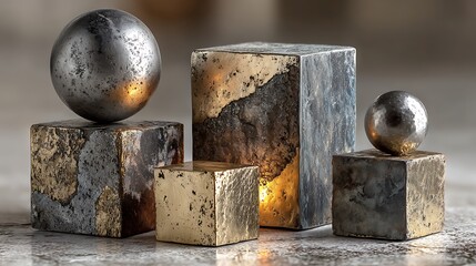 Shiny metallic spheres and cubes modern industrial decor high resolution picture
