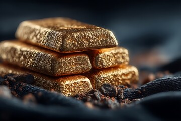 Shiny stacked gold biscuits glowing brightly on black fabric high resolution picture